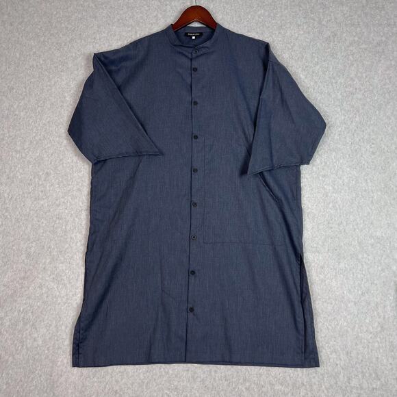 Eskandar Blue 100% Cotton Band Collar 3/4 Sleeve Button Up Tunic Size 1 - Picture 1 of 8